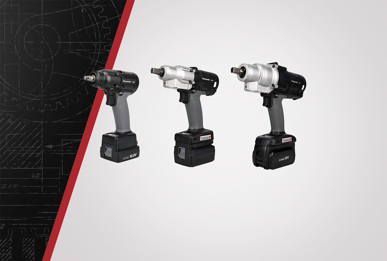 Three Panasonic cordless assembly tools on gradient background.